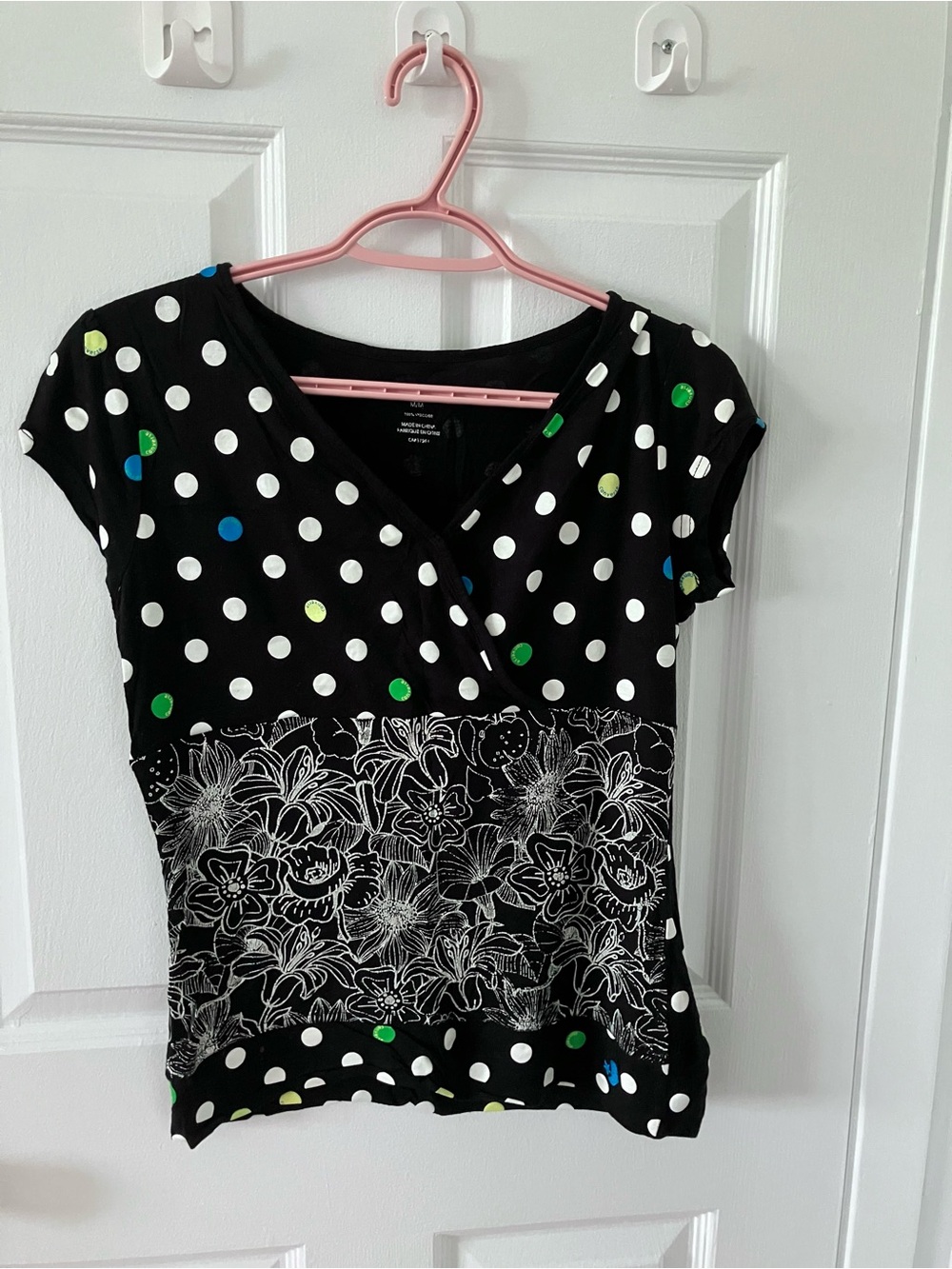 y2k Converse Black Polka Dot & Floral Short Sleeve Top with Multicolor Accents